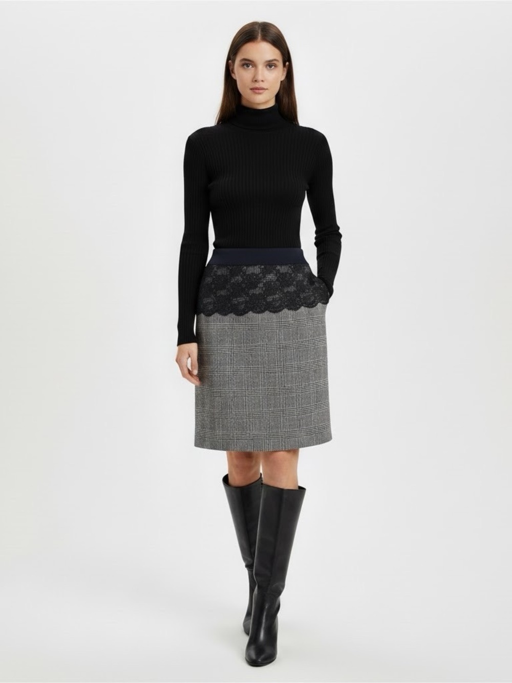 Zara Gray Glen Plaid Midi Skirt with Black Lace Waistband